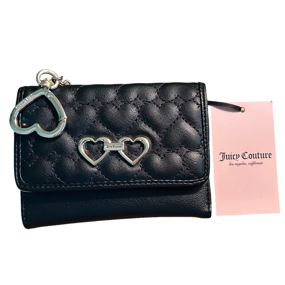 Juicy Couture Black Quilted Double Sided Trifold Wallet With Heart Charm Keyring
